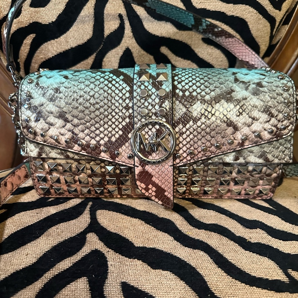 Michael Kors Studded Snake Print Shoulder Bag - Picture 12 of 14
